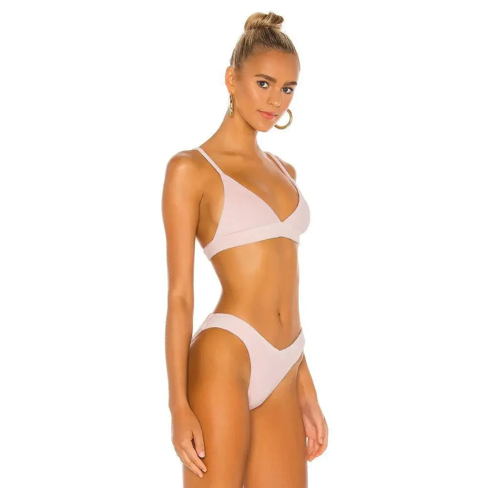 Frankie's Bikinis Claire Unpadded Triangle Terry Bikini Top Baby Pink Large
